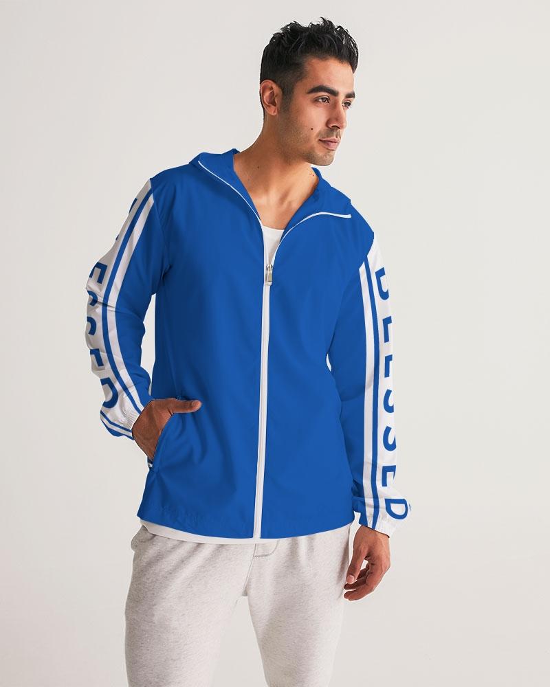Mens Hooded Windbreaker - Blessed Sleeve Stripe Blue Water Resistant