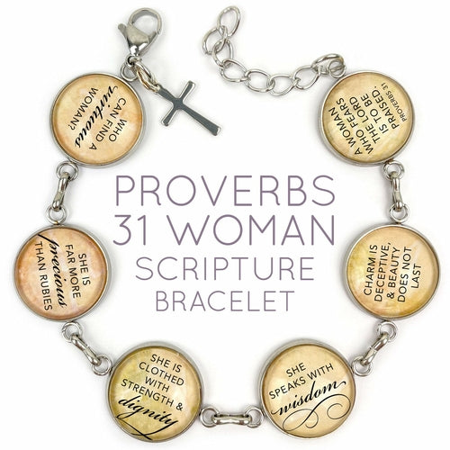 Proverbs 31 Woman Scripture Bracelet – Glass Charm Stainless Steel
