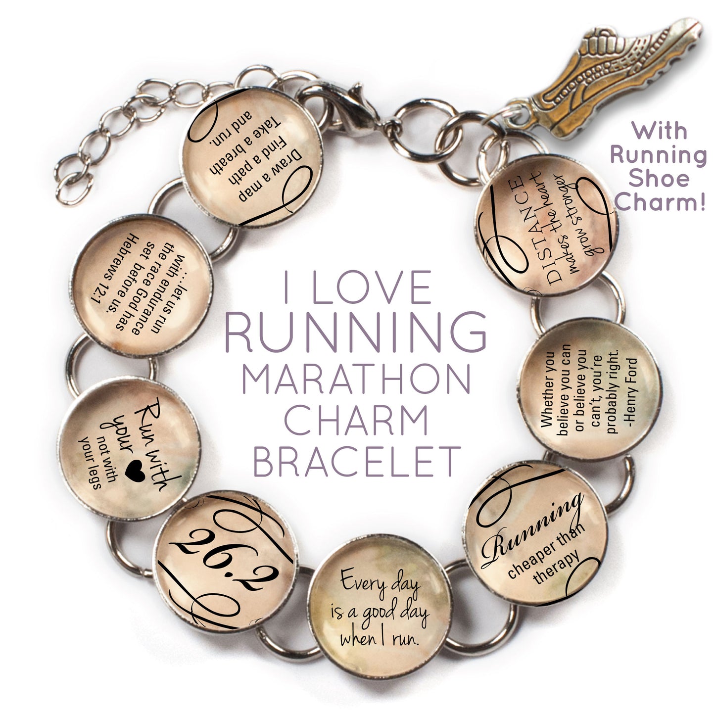 I Love Running - Custom Glass Charm Bracelet with Running Shoe Charm