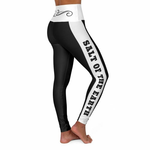 High Waisted Yoga Leggings, Black And White Salt Of The Earth Scroll