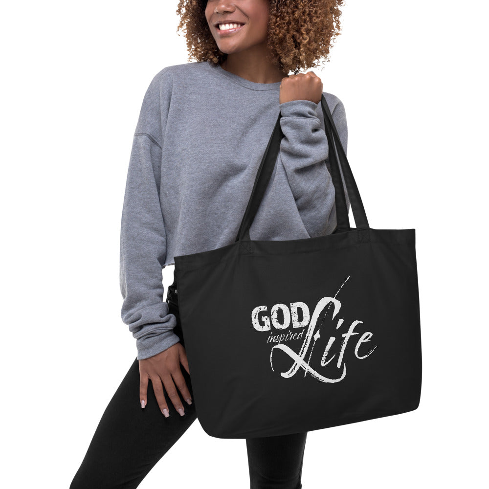 Large Black Tote Bag - God Inspired Life Inspirational Print