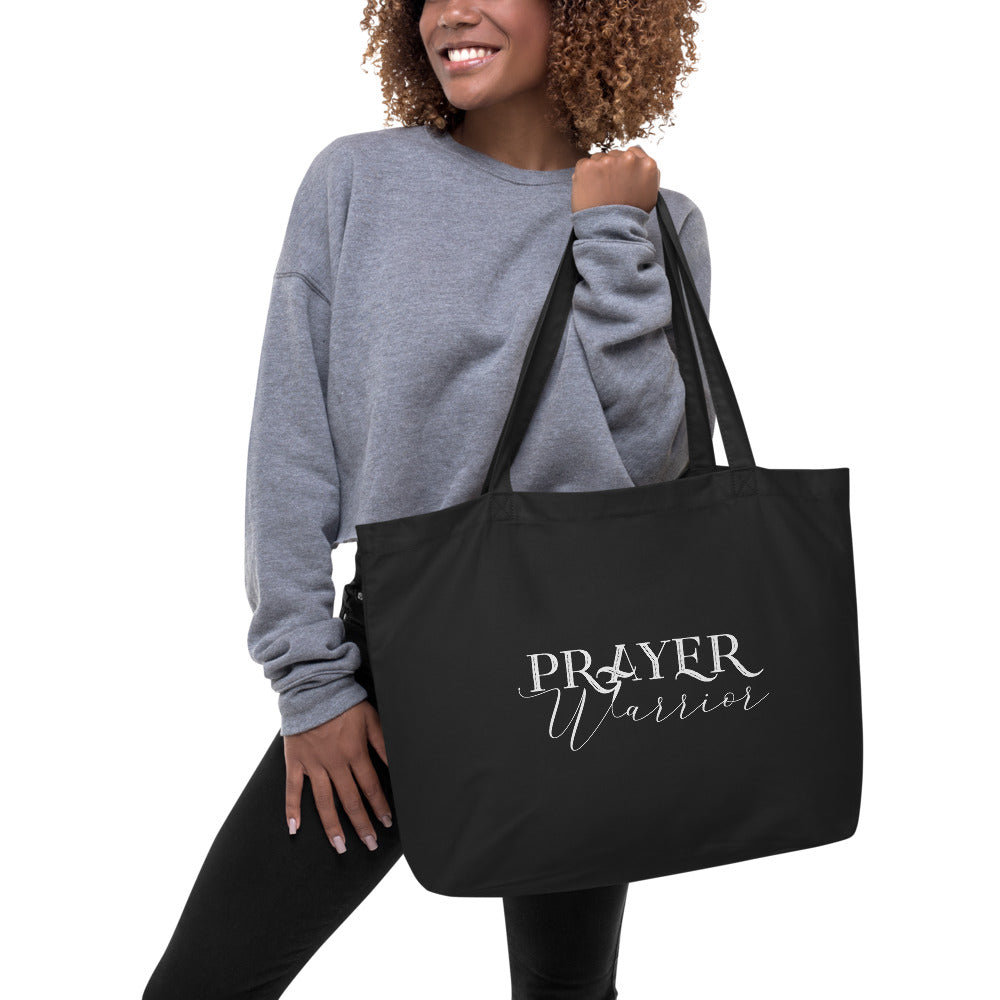 Large Black Tote Bag - Prayer Warrior Inspirational Print