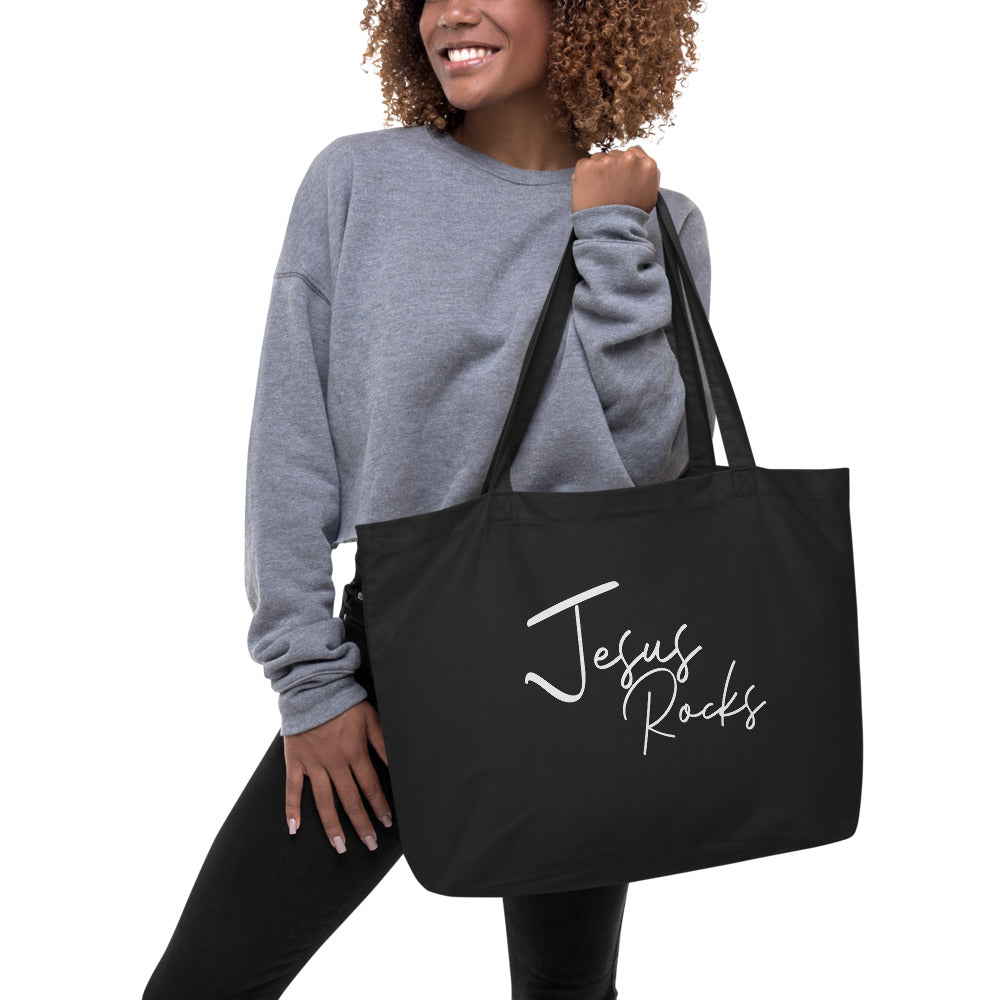 Large Black Tote Bag - Jesus Rocks Inspirational Print