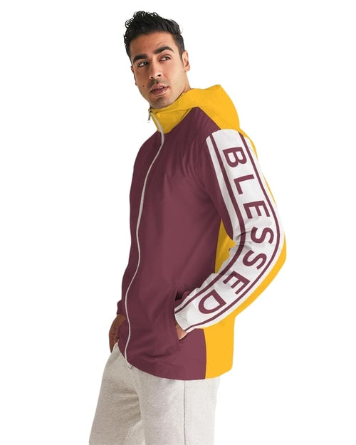 Mens Hooded Windbreaker - Blessed Sleeve Stripe Burgundy Water