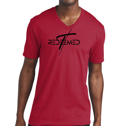 Mens V-Neck Graphic Tee T-Shirt Redeemed Christian Cross Biblical