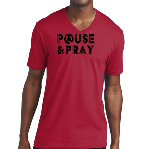 Mens V-Neck Graphic Tee T-Shirt Pause And Pray - Christian