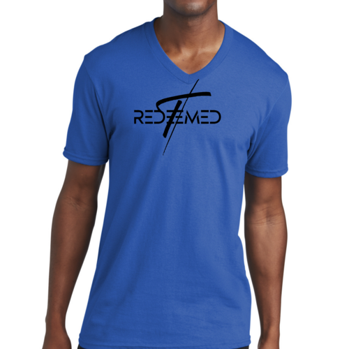 Mens V-Neck Graphic Tee T-Shirt Redeemed Christian Cross Biblical