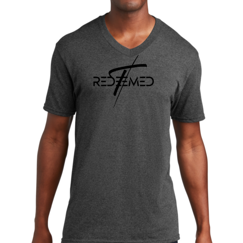 Mens V-Neck Graphic Tee T-Shirt Redeemed Christian Cross Biblical
