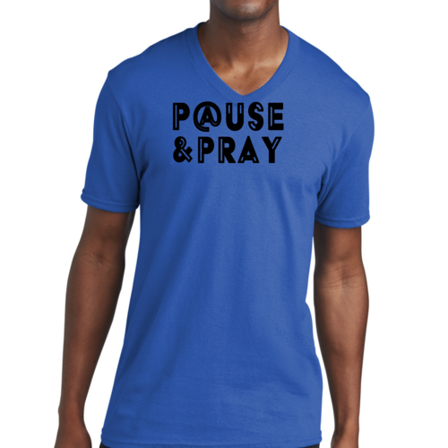 Mens V-Neck Graphic Tee T-Shirt Pause And Pray - Christian