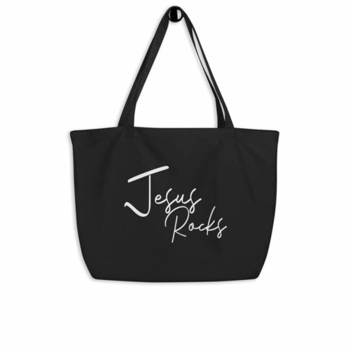 Large Black Tote Bag - Jesus Rocks Inspirational Print