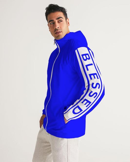 Mens Hooded Windbreaker - Blessed Sleeve Stripe Blue Water Resistant