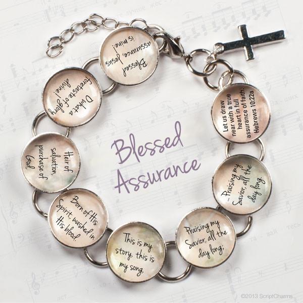 Blessed Assurance Hymn & Scripture Glass Charm Bracelet – Stainless
