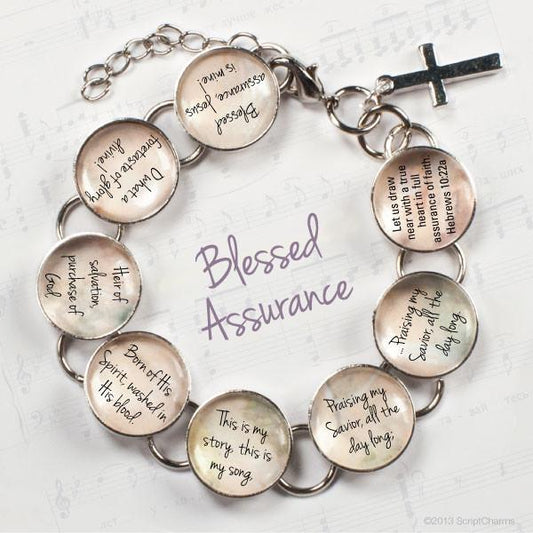 Blessed Assurance Hymn & Scripture Glass Charm Bracelet – Stainless
