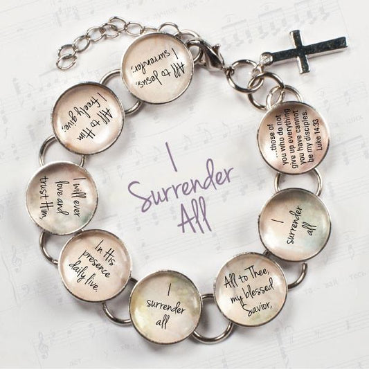 I Surrender All Hymn & Scripture Glass Charm Bracelet – Stainless