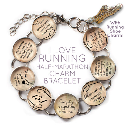 I Love Running - Custom Glass Charm Bracelet with Running Shoe Charm