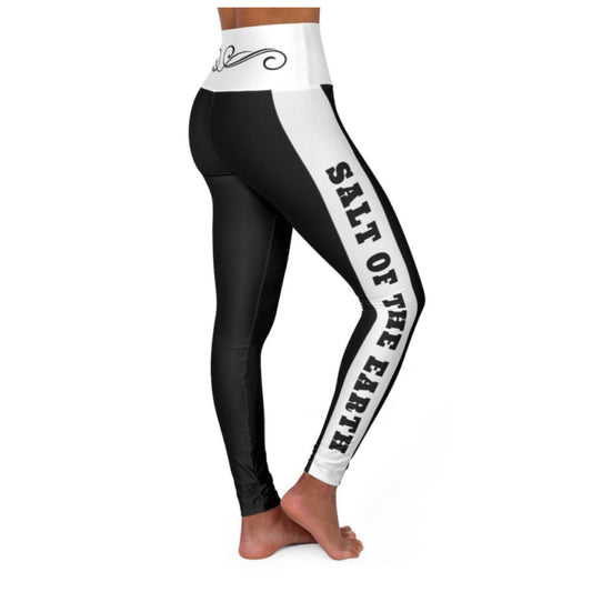 High Waisted Yoga Leggings, Black And White Salt Of The Earth Scroll