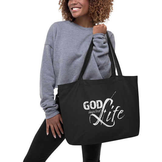 Large Black Tote Bag - God Inspired Life Inspirational Print
