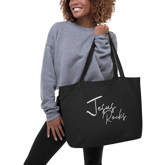 Large Black Tote Bag - Jesus Rocks Inspirational Print