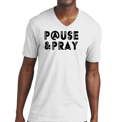 Mens V-Neck Graphic Tee T-Shirt Pause And Pray - Christian