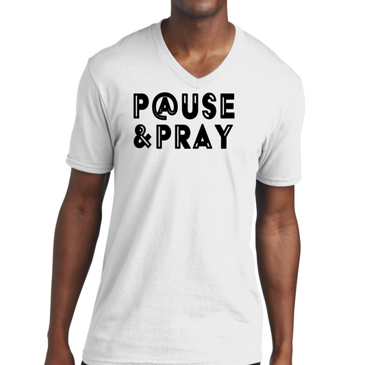 Mens V-Neck Graphic Tee T-Shirt Pause And Pray - Christian