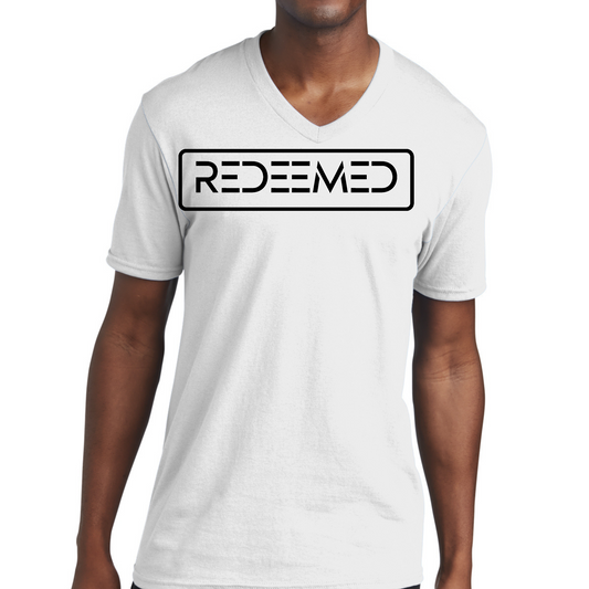 Mens V-Neck Graphic Tee T-Shirt Redeemed Christian Inspiration