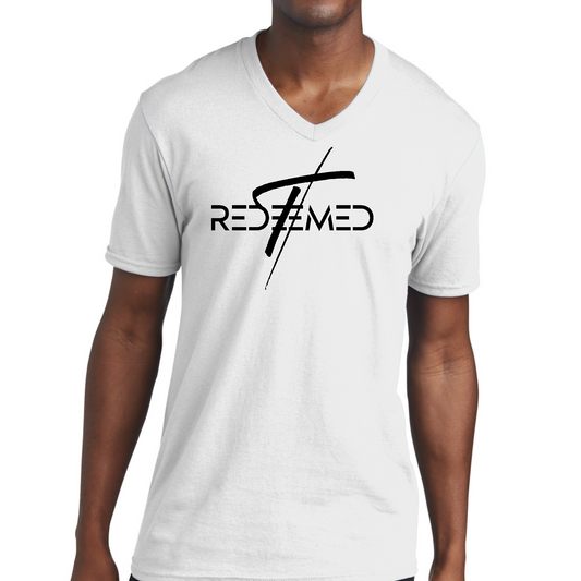 Mens V-Neck Graphic Tee T-Shirt Redeemed Christian Cross Biblical